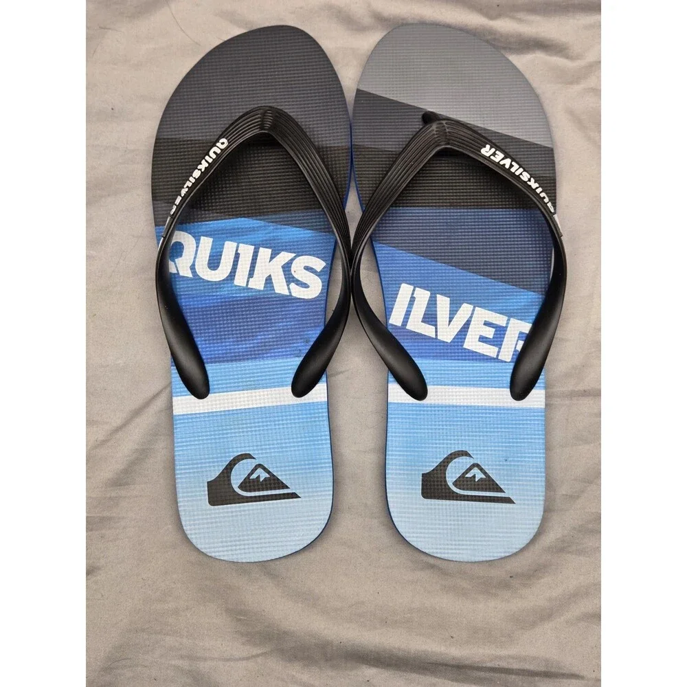 Quicksilver Mens Flip Flops Blue Black Java Slash Logo Size 12/13